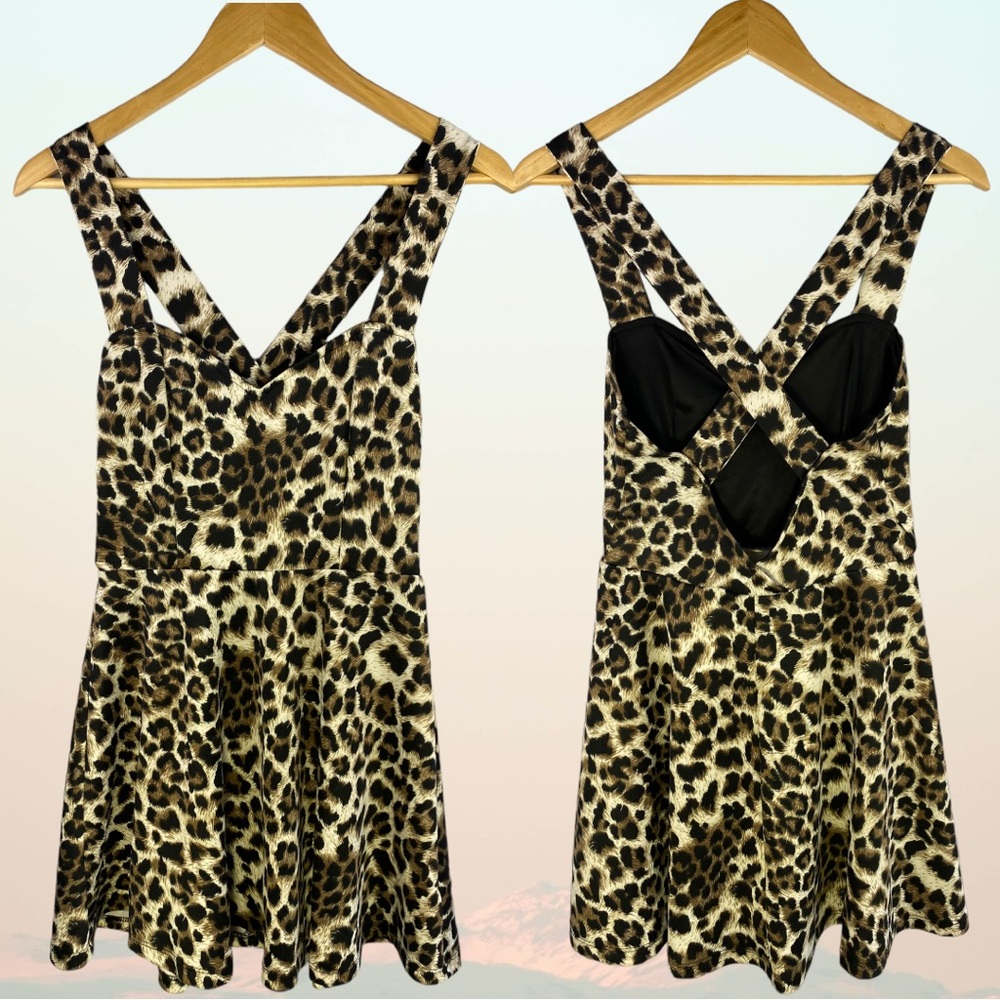 2B Bebe Animal Print Sweetheart Criss Cross Back Skater Dress Brown Small 🐅🐆